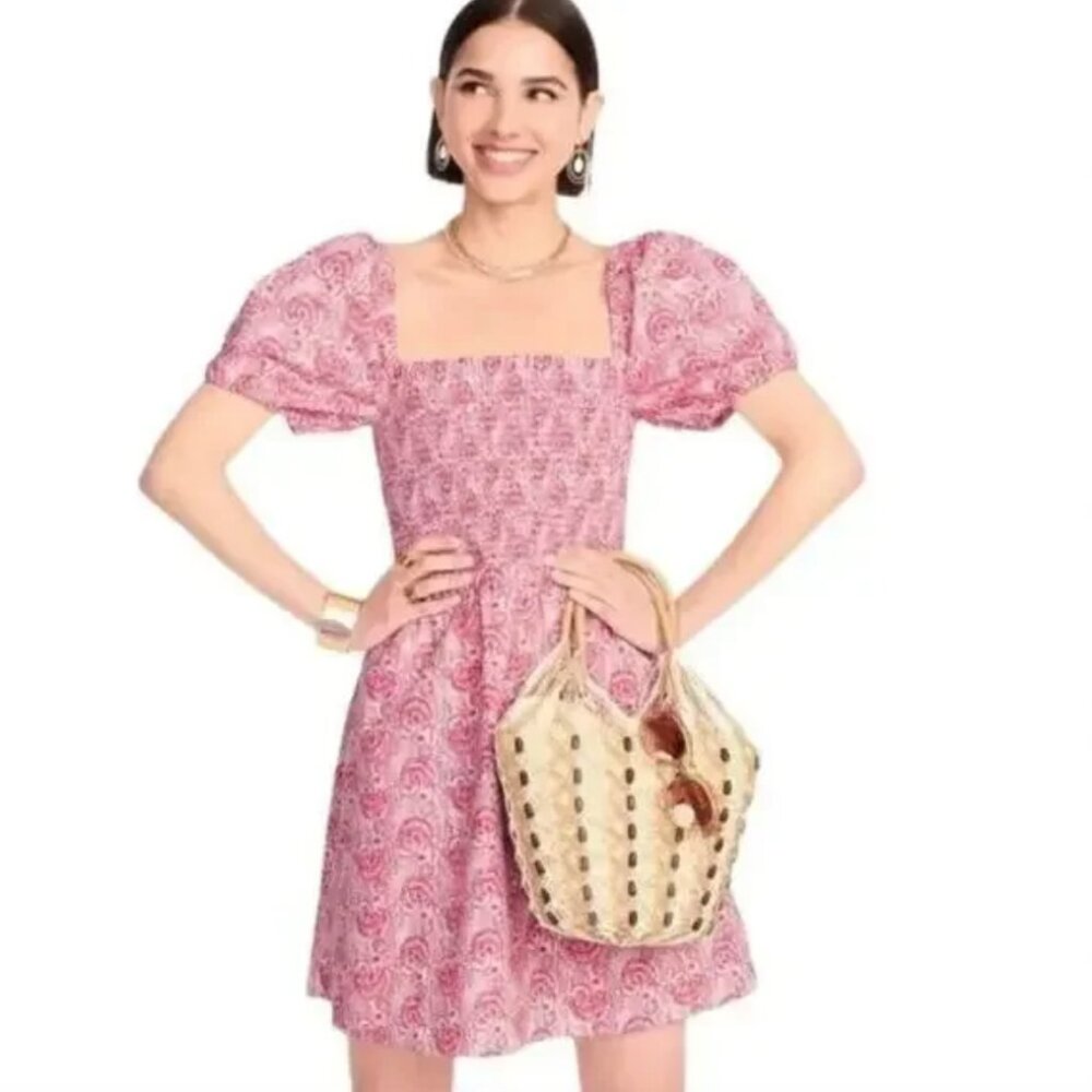 J. Crew Pink Paisley Square-Neck Puff-Sleeve Mini Dress